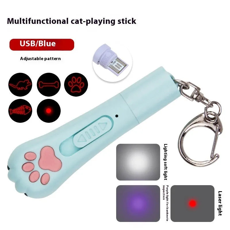 Infrared cat teasing stick toy with moon light lamp and laser patterns in blue, pink, purple, and white colour options
