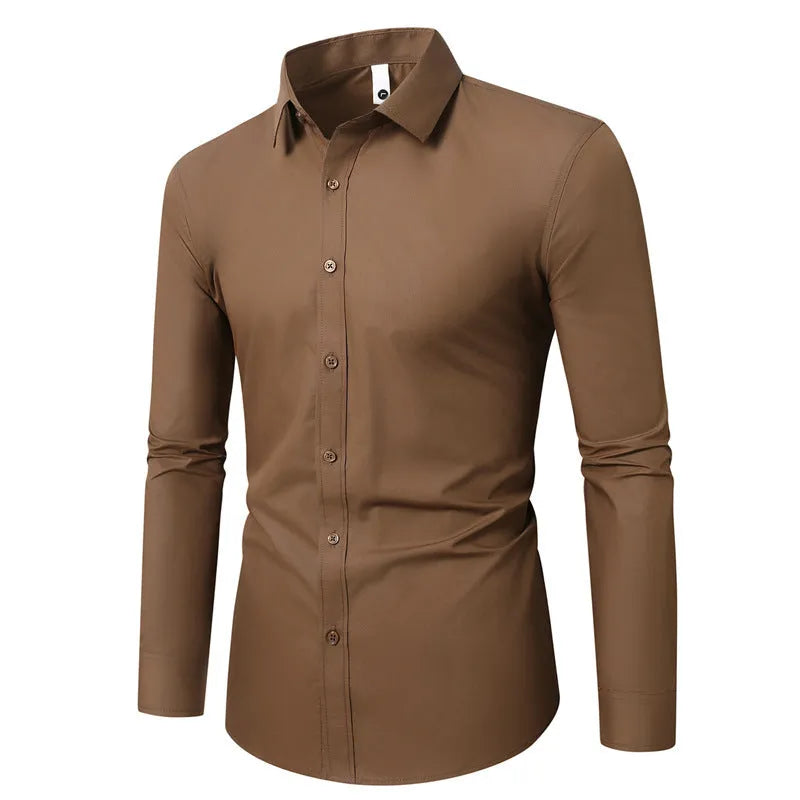 Man wearing a long-sleeve linen shirt in a slim loose fit, available in multiple colours.
