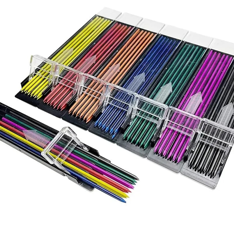 Box containing 12 rainbow-coloured mechanical pencil refill leads for drawing and painting.