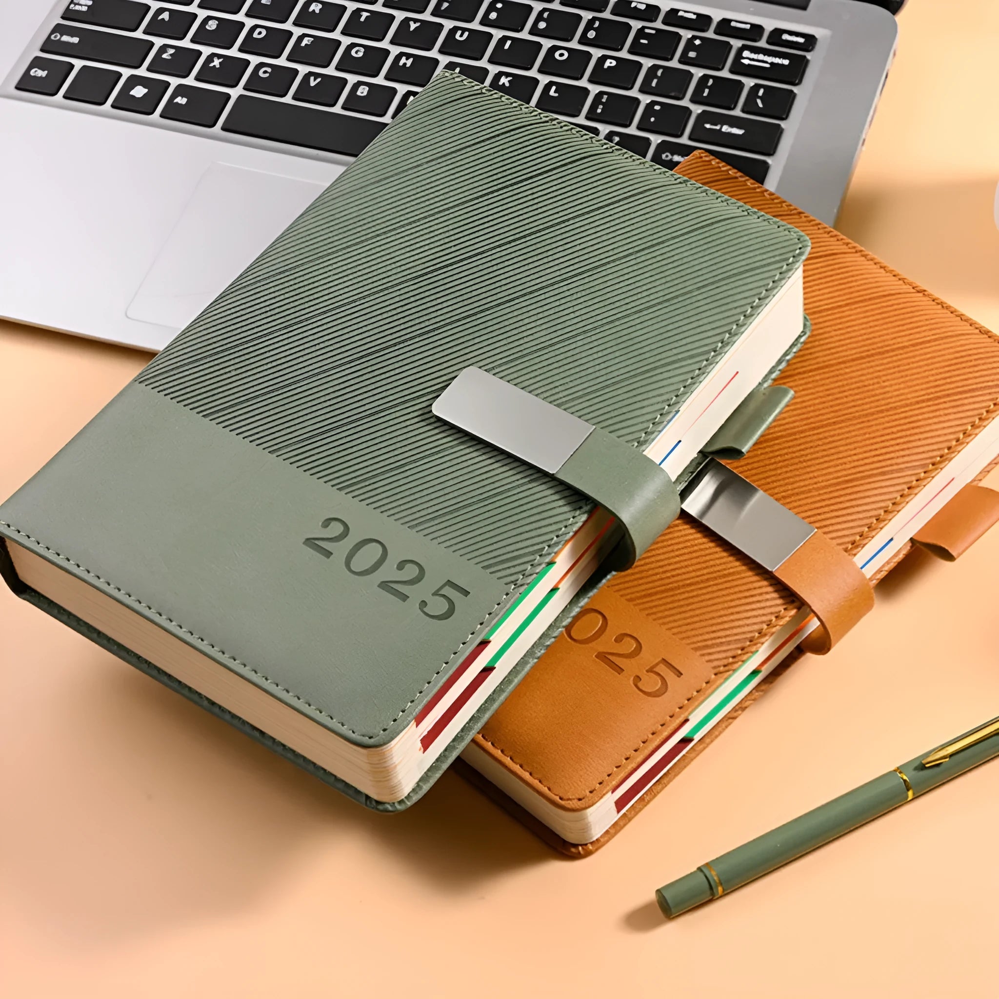 A5 striped PU leather business notepad open on a desk, showing thickened paper, available in eight colours.