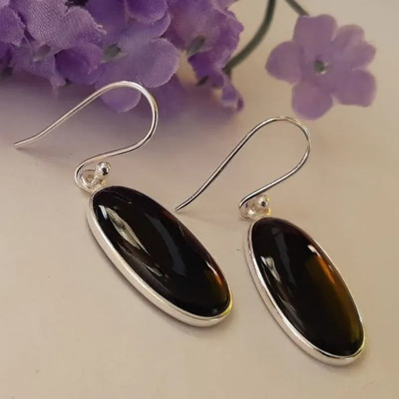 Women's oval black agate pendant earrings with electroplated 925 silver finish in geometric Chinese style