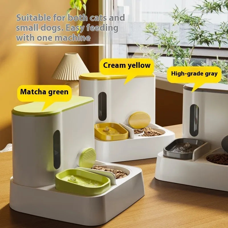 Cat automatic feeder water dispenser with integrated double bowl system in grey, yellow or green