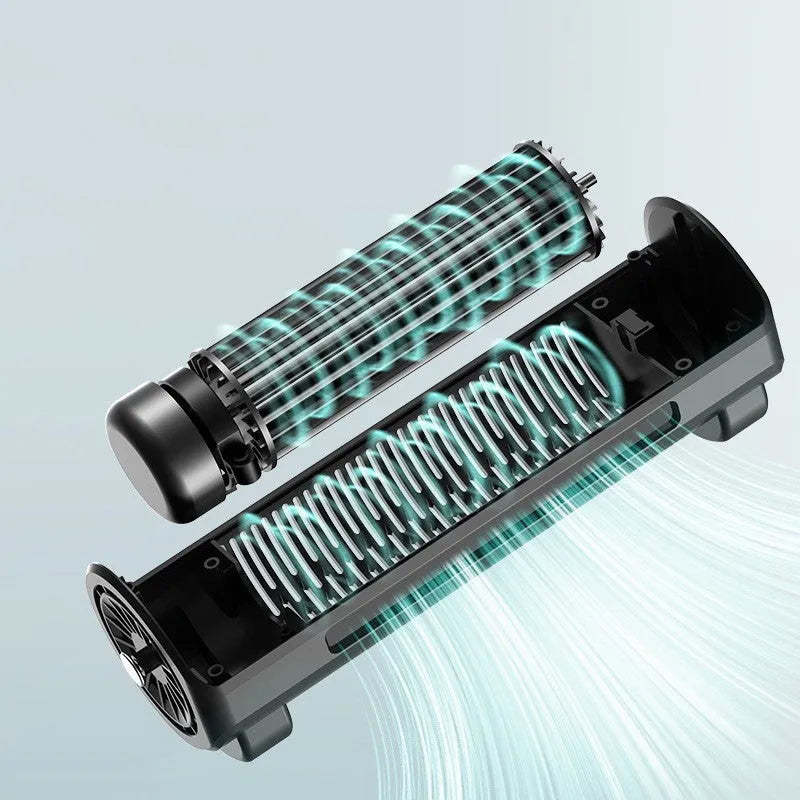 Black bladeless car ventilation fan with USB cable, showing compact size.