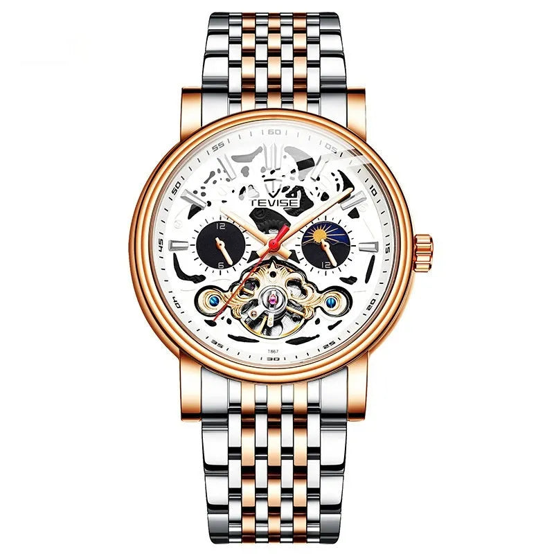 Men's black tourbillon mechanical watch with luminous hands on stainless steel bracelet