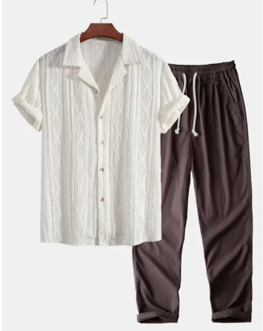 Camouflage printed short-sleeve shirt and trousers casual suit set on a hanger.
