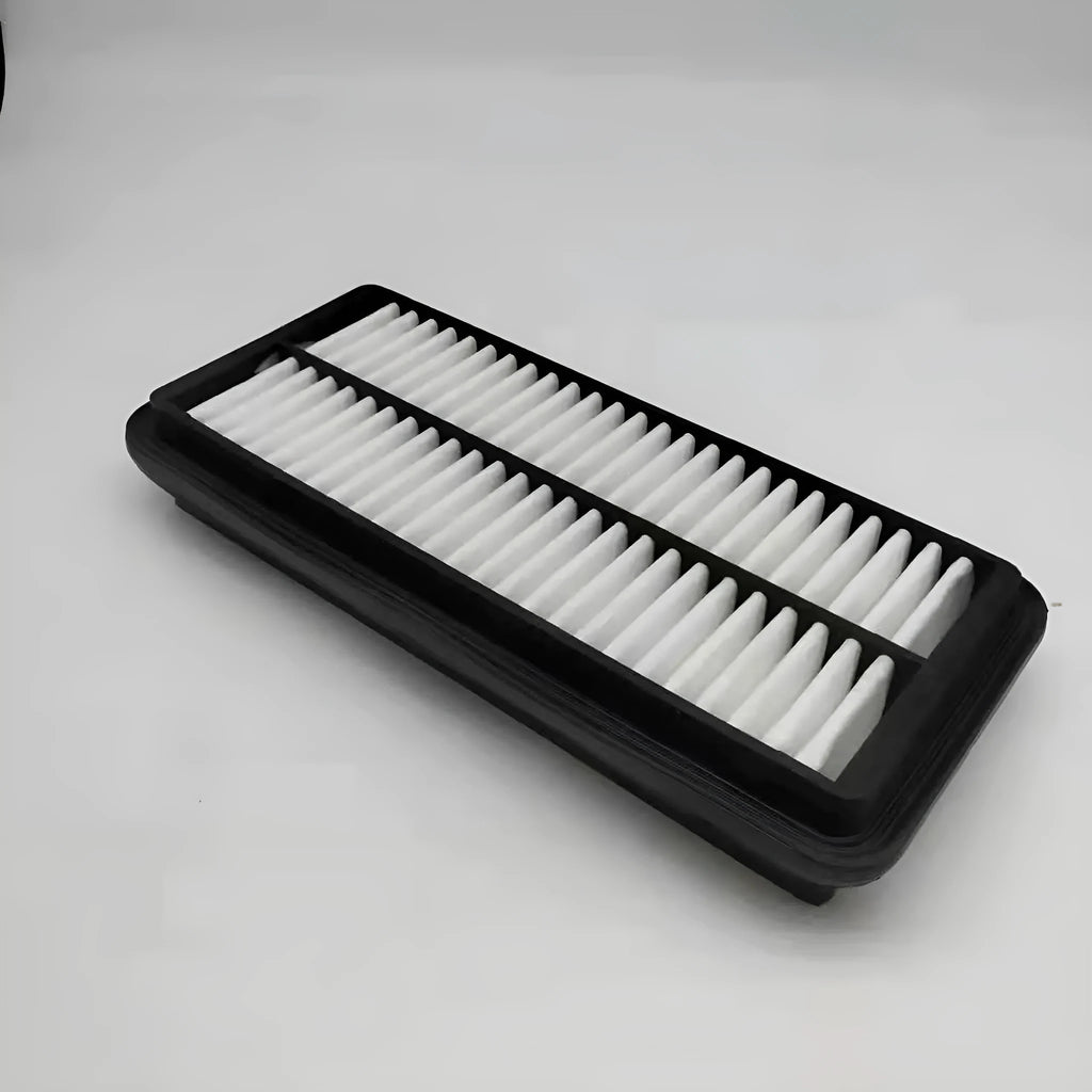 Black rectangular car engine air filter with dimensions 256mm by 113mm by 40mm.