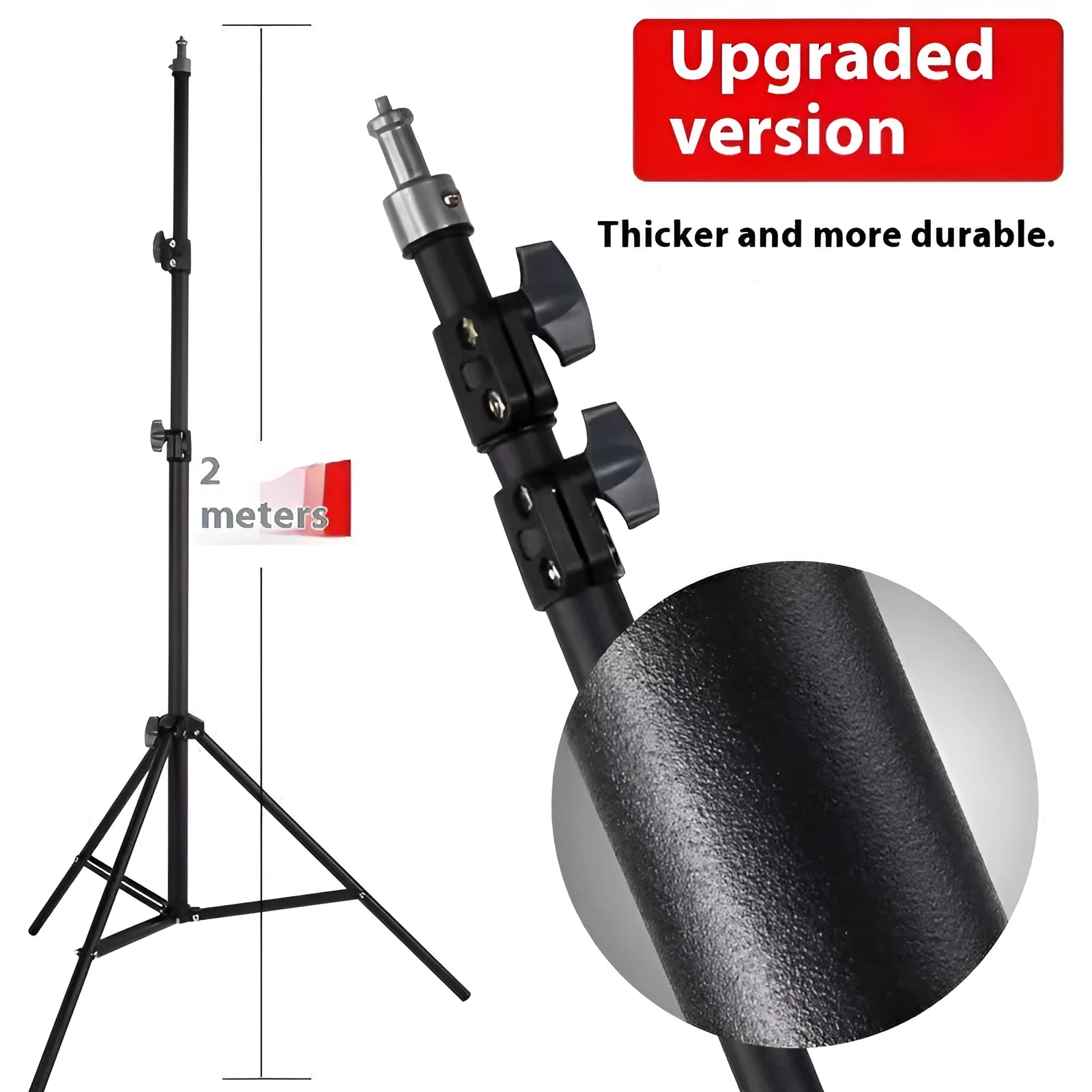 A frosted finish floor tripod light stand at full height with a mobile phone holder attached.