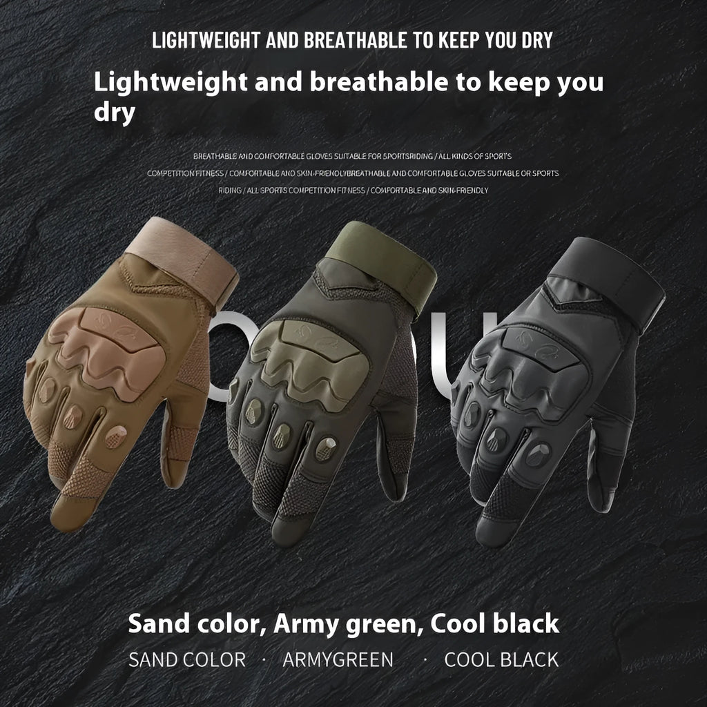 Men's black tactical gloves with touch screen fingertips on a hand holding a smartphone