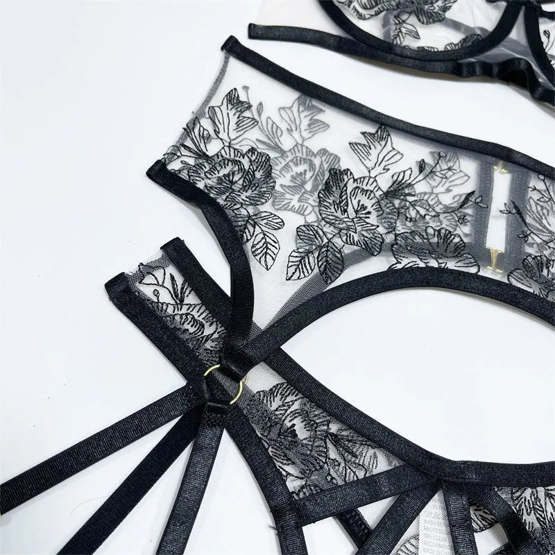 Black lace mesh floral print three-piece women's outfit with waist ring accessory