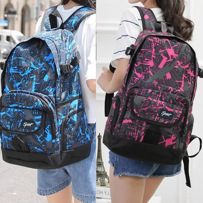 Blue or red classic nylon backpack showing large capacity design for school, travel, and outdoor use.