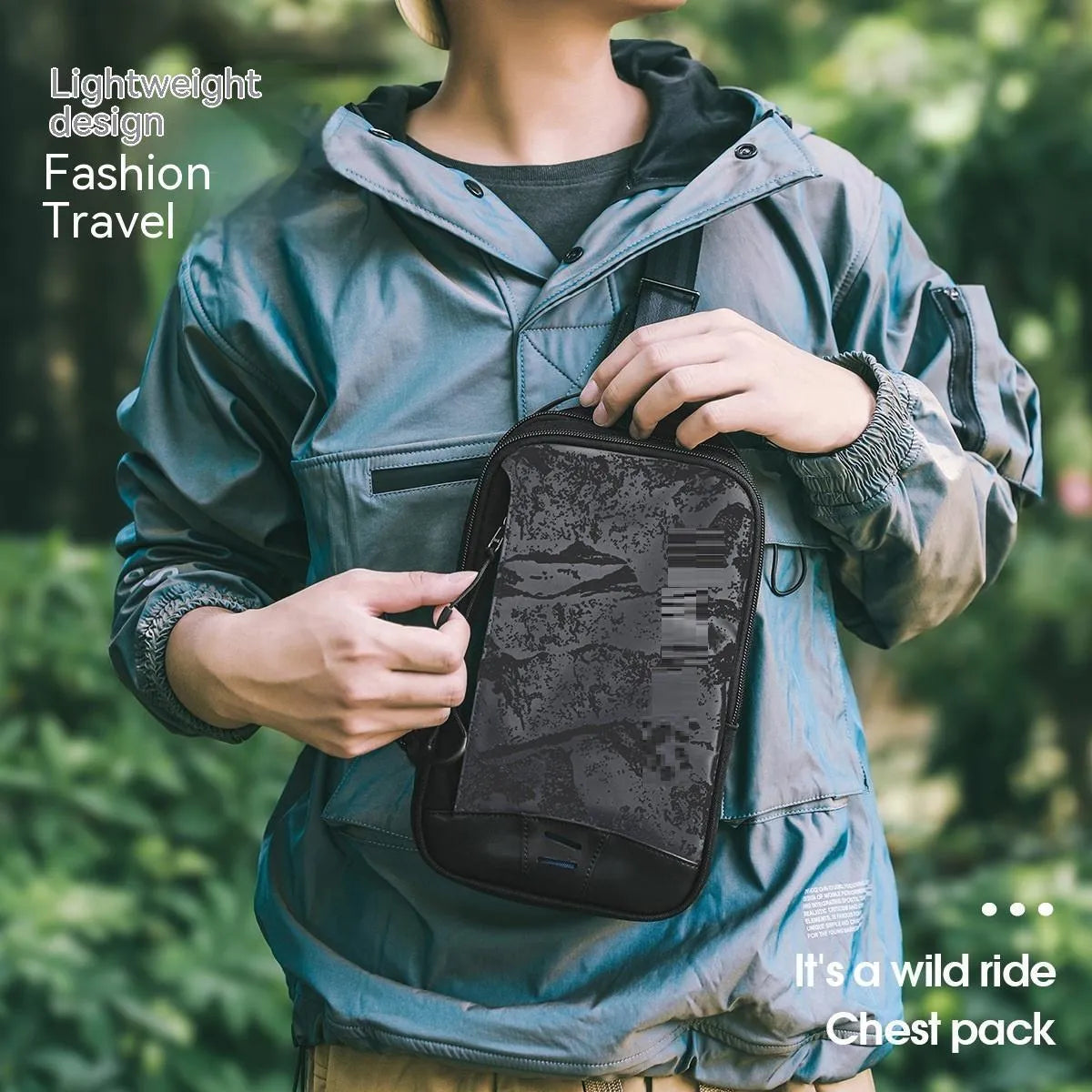 Casual black TPU camouflage chest bag with landscape pattern and single shoulder strap