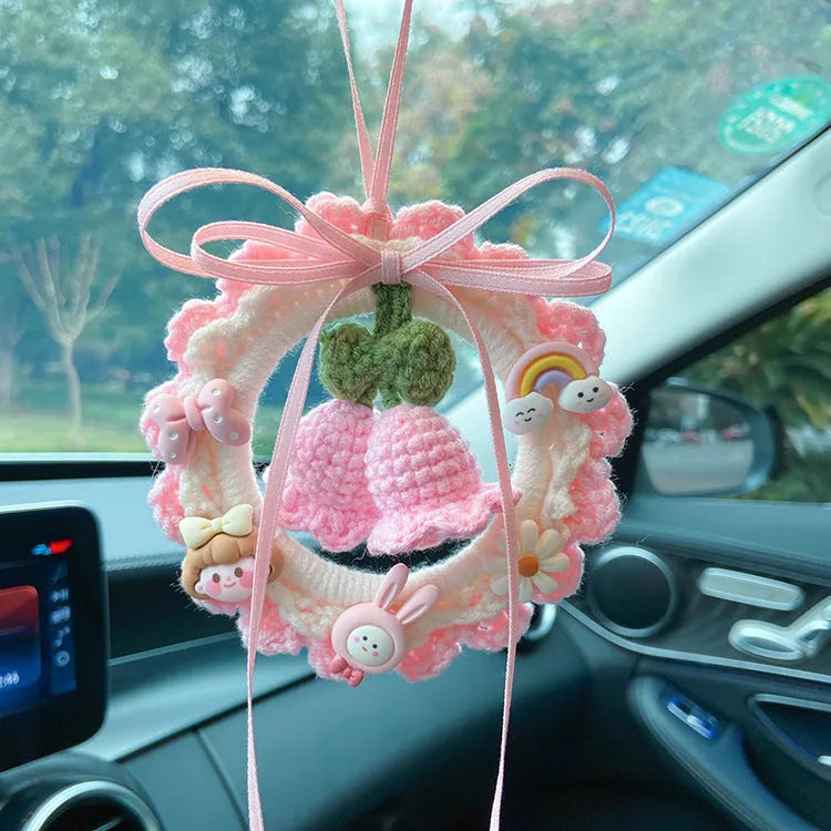 Hand-woven wool bell orchid car pendant in green, pink, purple and yellow colour options