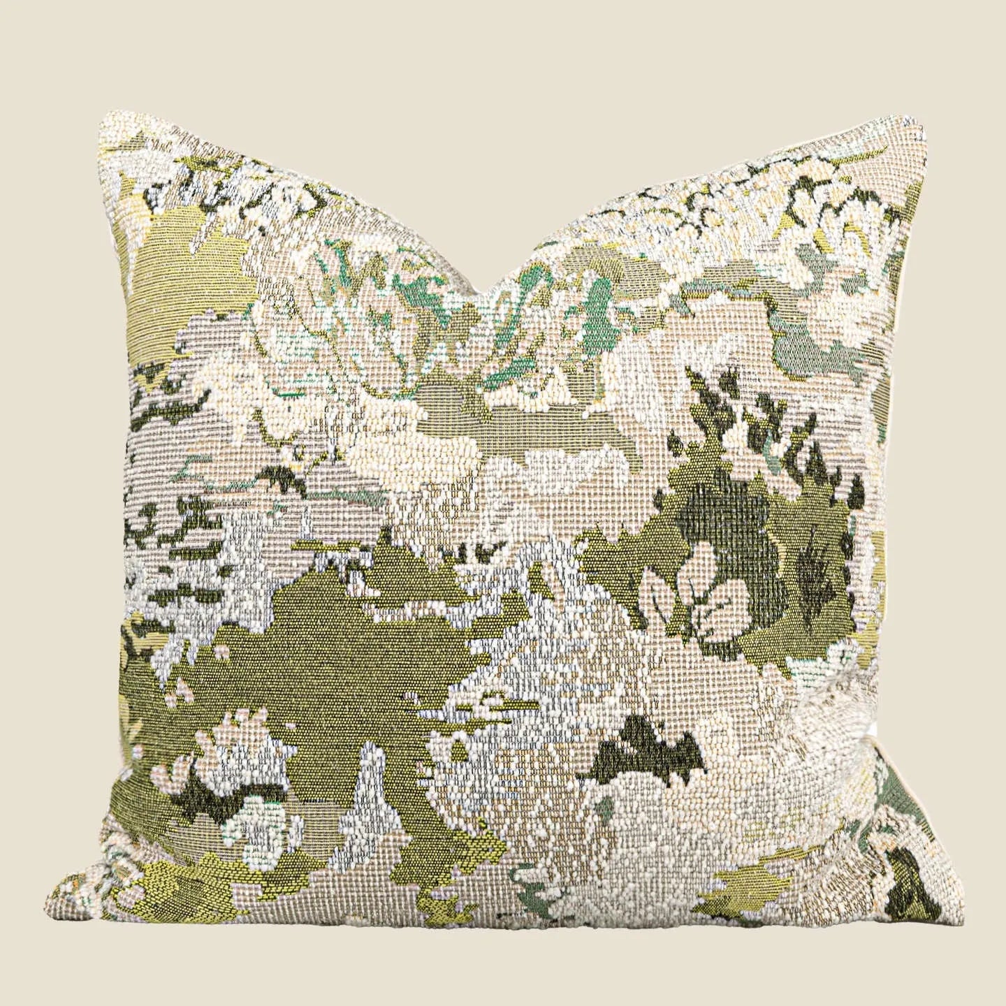 Green abstract floral pattern on a square wool blend decorative cushion pillow.