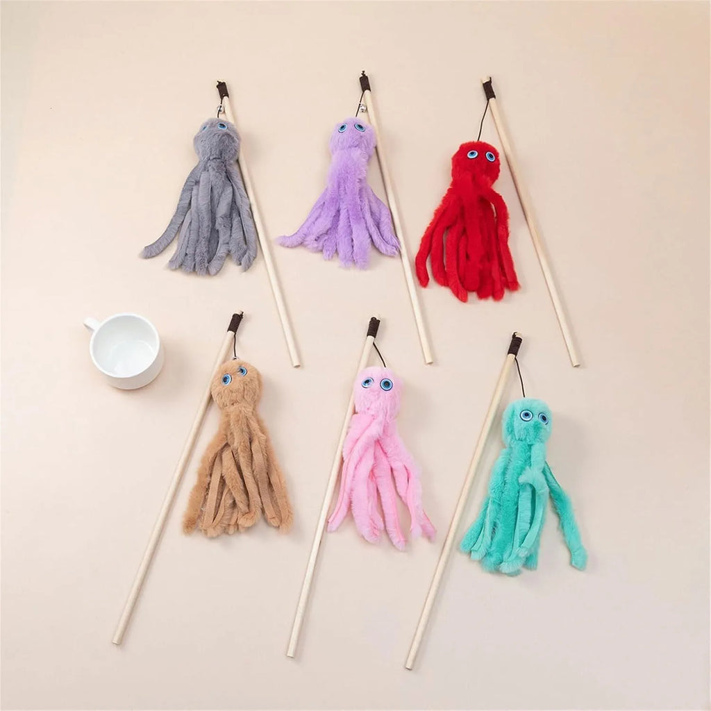 Long stick cat wand with colourful furry octopus toy for indoor kittens and cats
