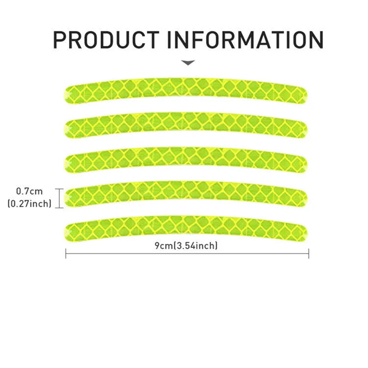 Pack of 20 arc-shaped PVC reflective stickers for car wheel hubs in assorted high-visibility colours.