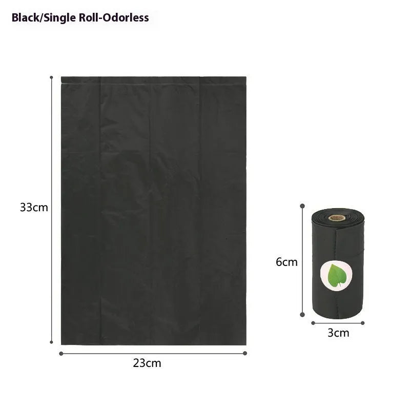 Rolls of green, black, blue, purple, and orange EPI degradable pet poo bags with a plastic dispenser.