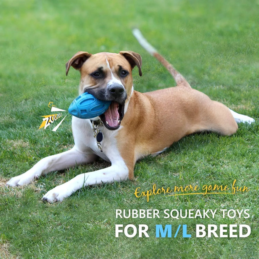 Blue durable rubber squeaky dog ball with surface grooves for aggressive chewers