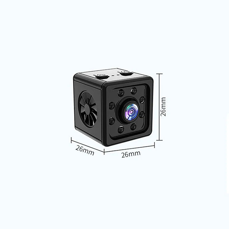 Black cubic sports camera with mounting bracket on white background