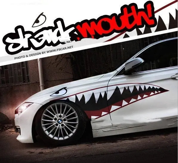 Large shark graphic car body sticker on a vehicle door, available in two style options.