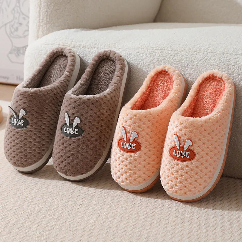 Women's rabbit plaid pattern artificial fur house slippers with a thick sole, shown in apricot colour.