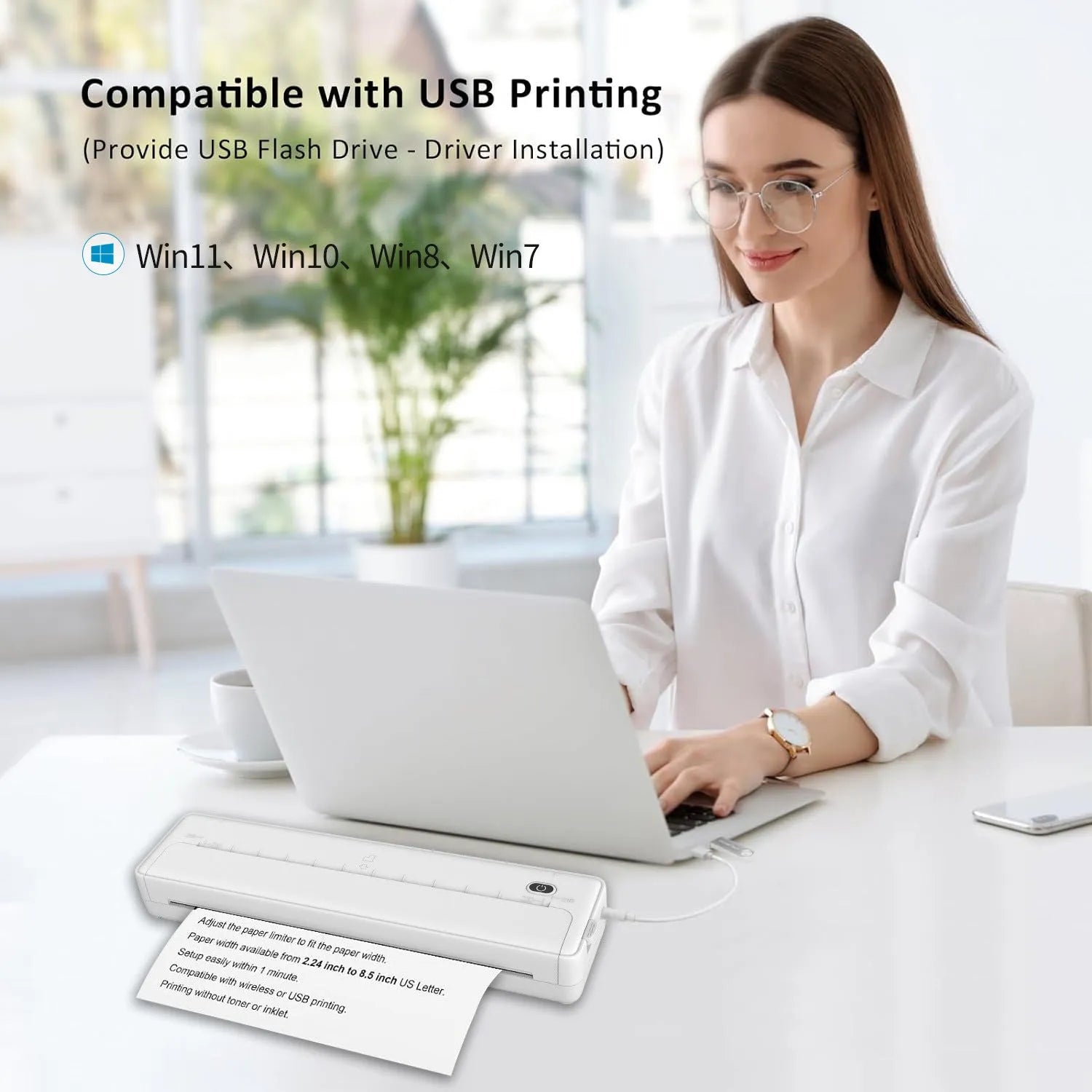 X8 Black and White portable A4 Bluetooth printer with USB port on a desk