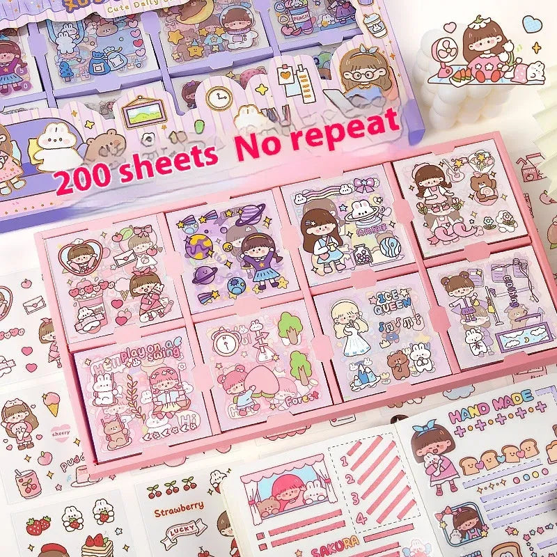 Box of children's stickers for card notebooks in five colour themes including Meatball cute everyday and peach tea party