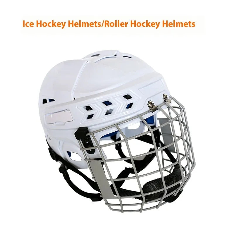 Ice hockey helmet with carbon steel face mask shown in available sizes S, M, L, and XL.