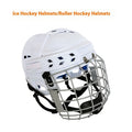 Ice hockey helmet with carbon steel face mask shown in available sizes S, M, L, and XL.