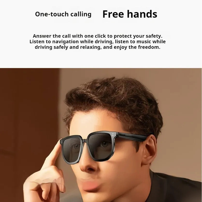 Black AI smart glasses with Bluetooth audio and touch control features