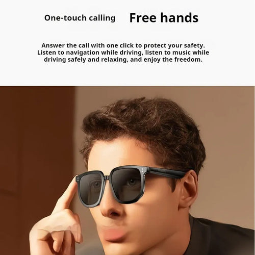 Black AI smart glasses with Bluetooth audio and touch control features