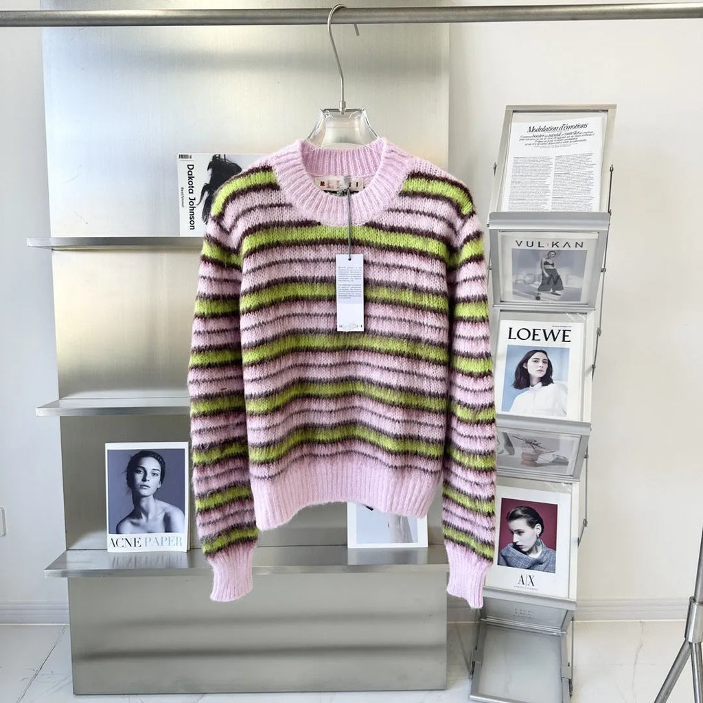 Pink wool knitted cardigan sweater in round-neck pullover and cardigan styles with contrast colour detailing