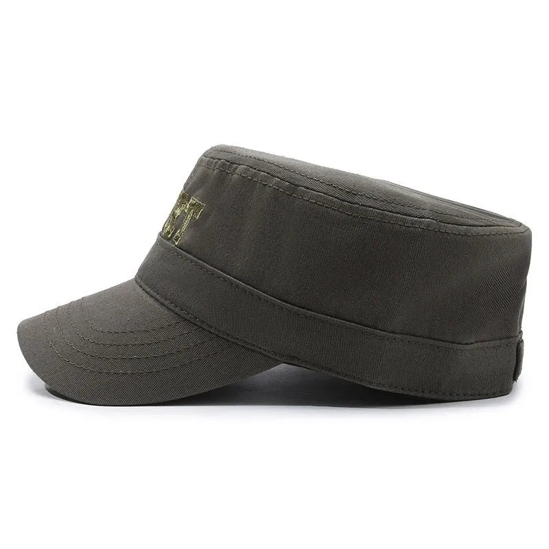 Men's flat-top peaked cotton cap in army green with adjustable strap and English lettering.