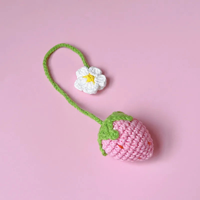 Wool crochet strawberry pendant with 35cm chain in red or pink woven design