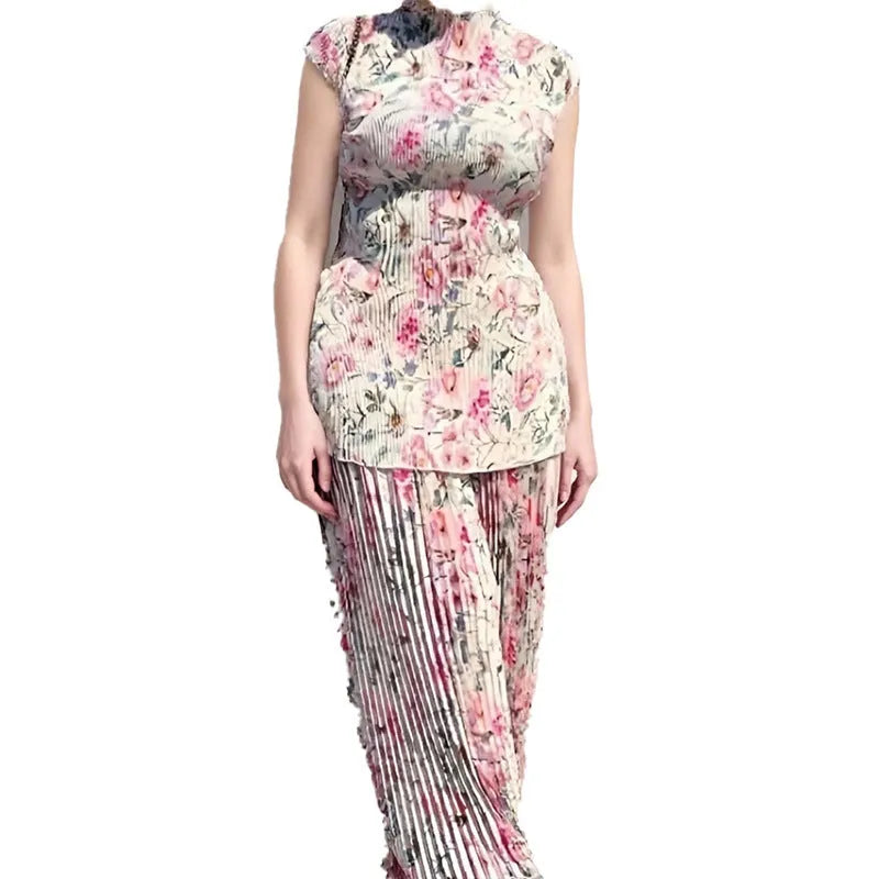 Long sleeve floral print chiffon top and high-waist skirt two-piece dress set on a hanger