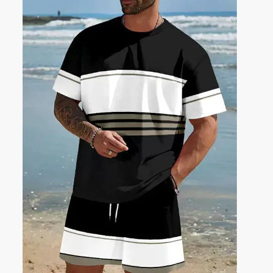Men's loose fit short-sleeved polyester T-shirt and matching shorts set in a light colour.