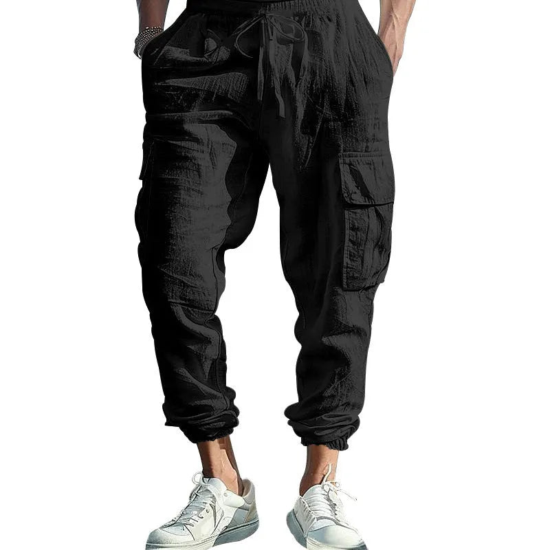 Men's casual linen trousers with ankle-tied cuffs and multi-pocket design in solid colour