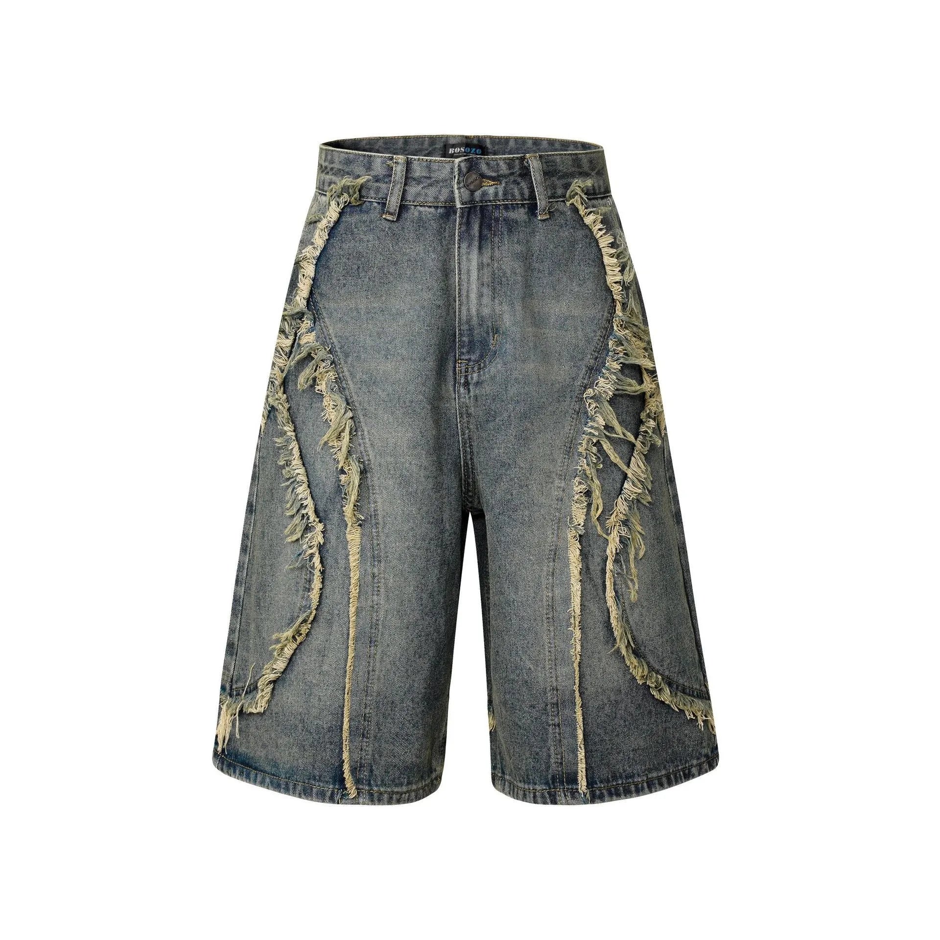 Distressed raw edge denim shorts in light blue, straight leg cropped cut.