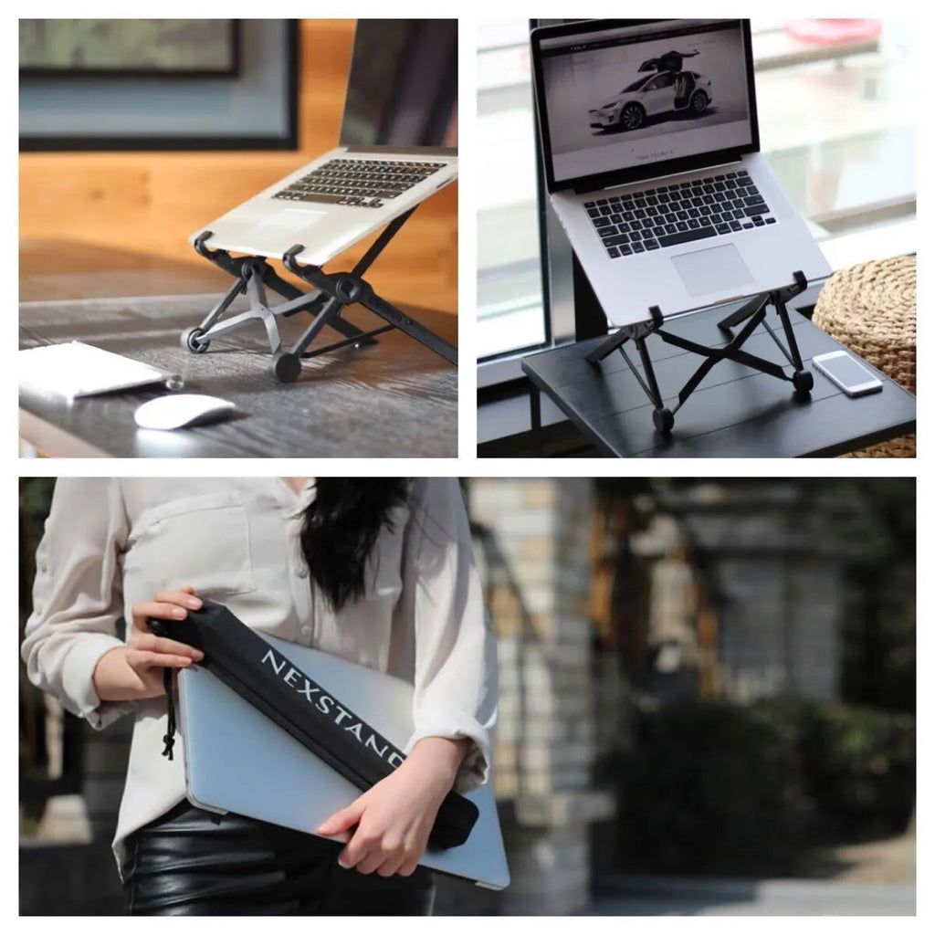 Sagacious black portable folding laptop bracket with carrying case showing lifting mechanism