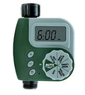 Green digital garden hose timer with copper connector and programmable watering display