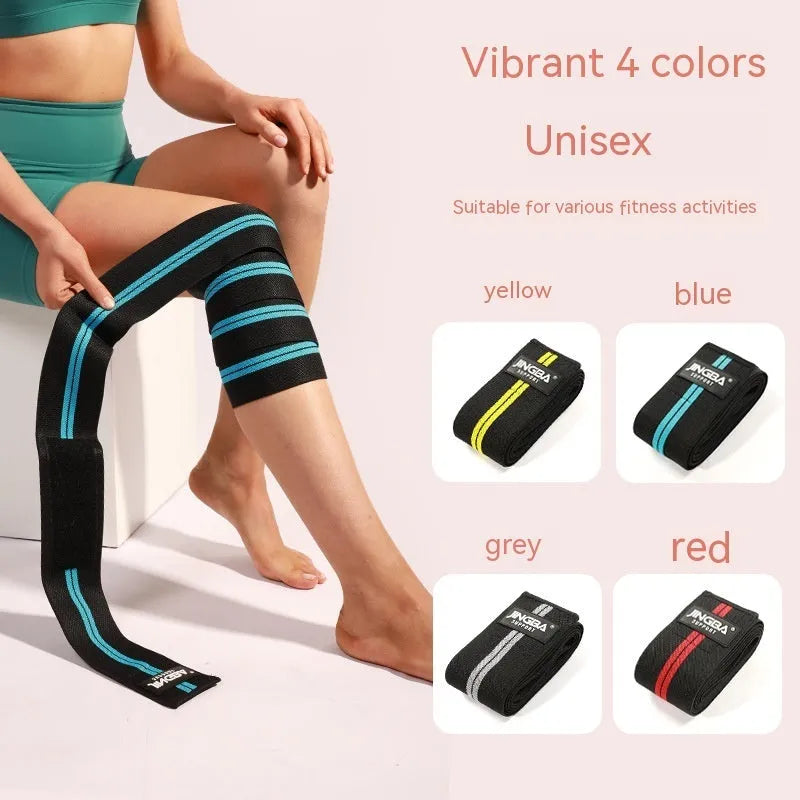 Adjustable free size knee pads for sports, shown in blue, grey, red, and yellow colour options.