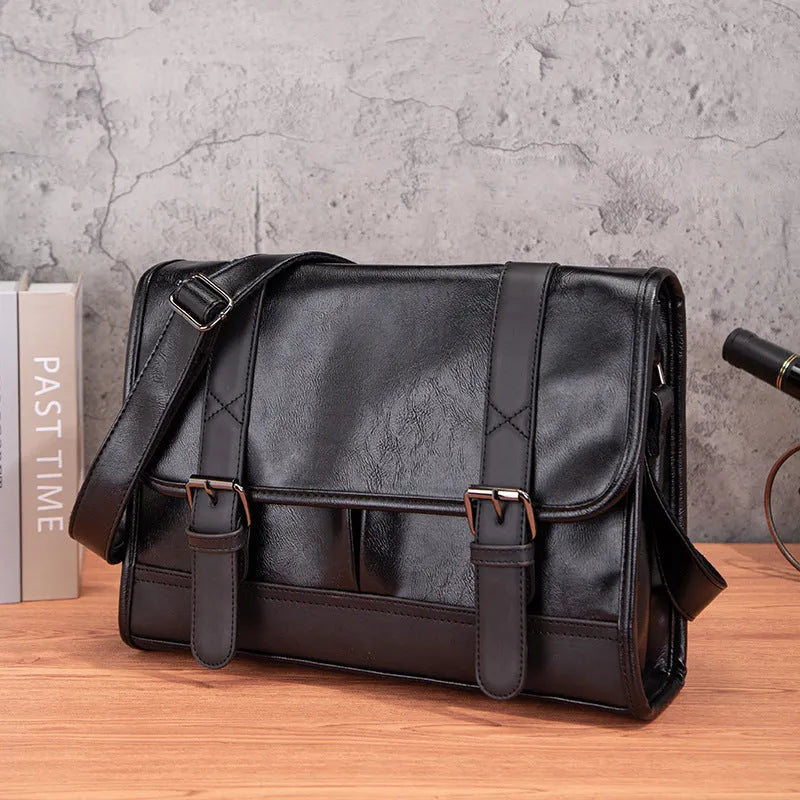 Black Korean-style men's commuter backpack with anti-theft function and sewing thread details