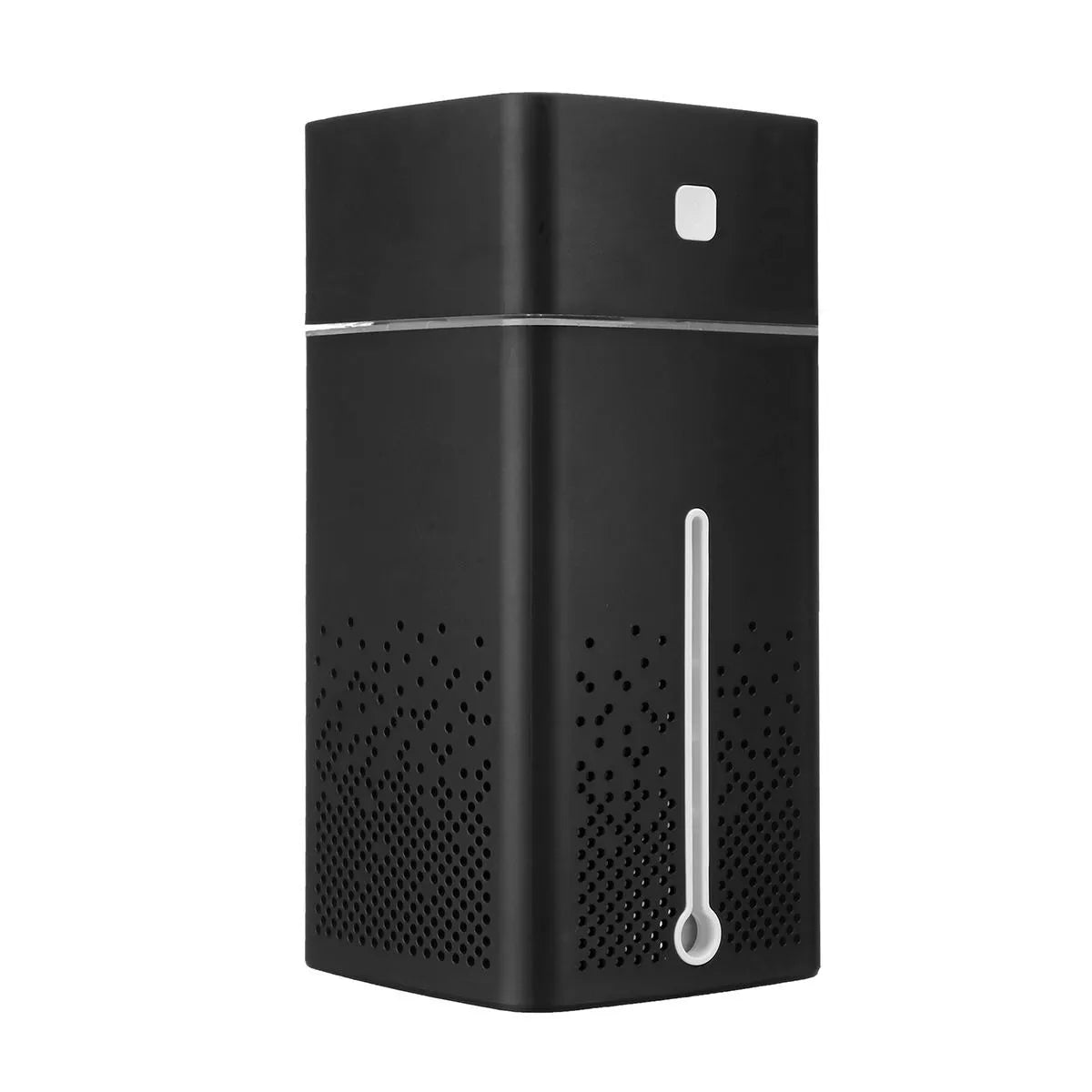 Black and white desktop ultrasonic humidifier with USB cable, 1000ml tank, dimensions 103x103x218mm.