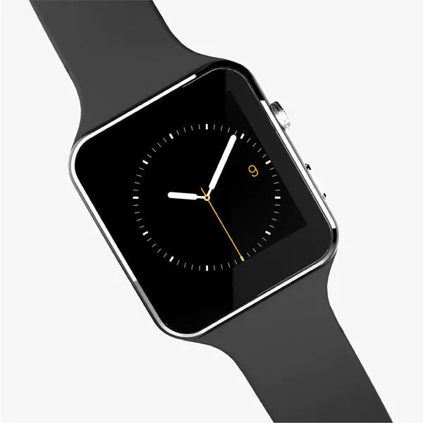 Black smart watch with a 1.54-inch touch screen and a black silicone strap on a wrist.