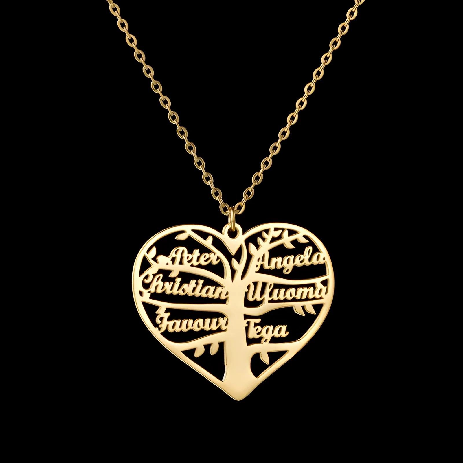 Personalised stainless steel necklace with hollow heart and family tree pendant engraved with names