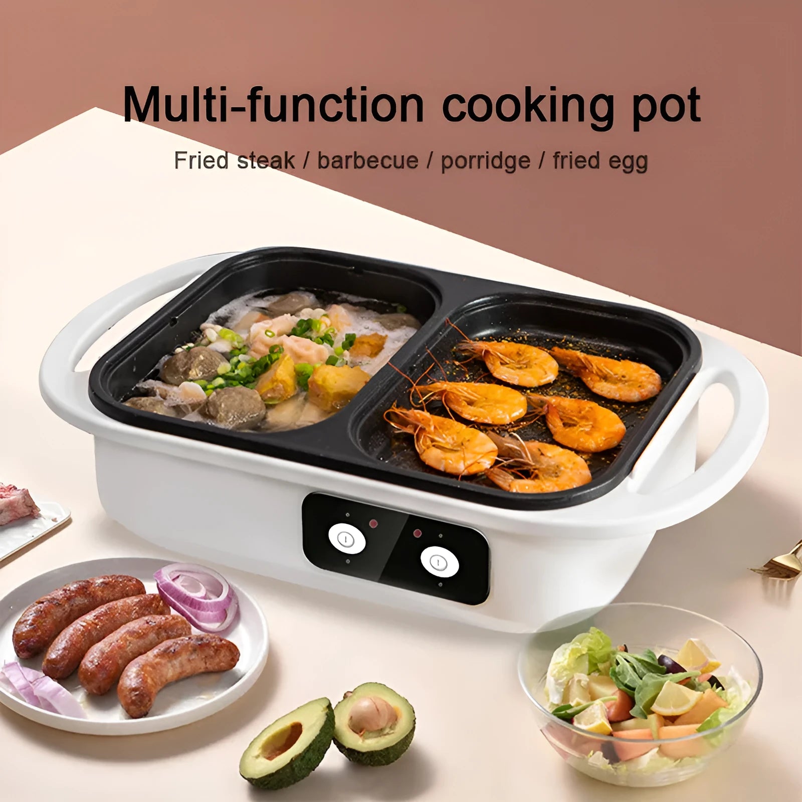 A white or green household electric hot pot appliance with mechanical controls, shown with its pot.