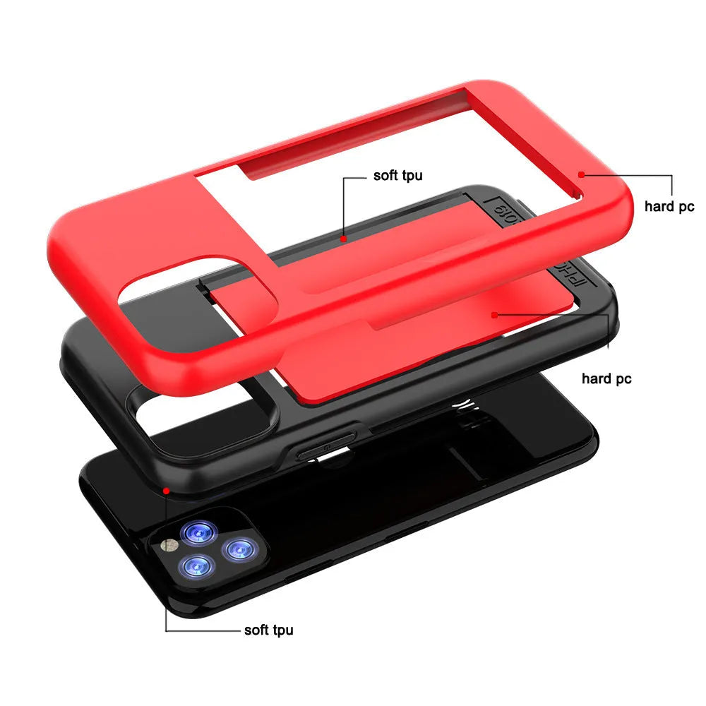Solid-colour TPU and PC mobile phone case for Apple iPhone 11, shown in black, red, pink, dark blue, blue, and purple.