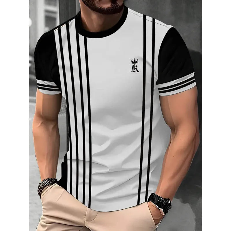 Man wearing a loose fit short-sleeved T-shirt with a digital 3D printed stripe pattern.