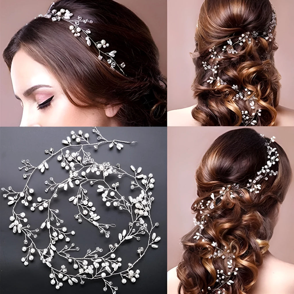Bridal hair band with crystal and pearl details on copper wire in silver, gold or rose gold