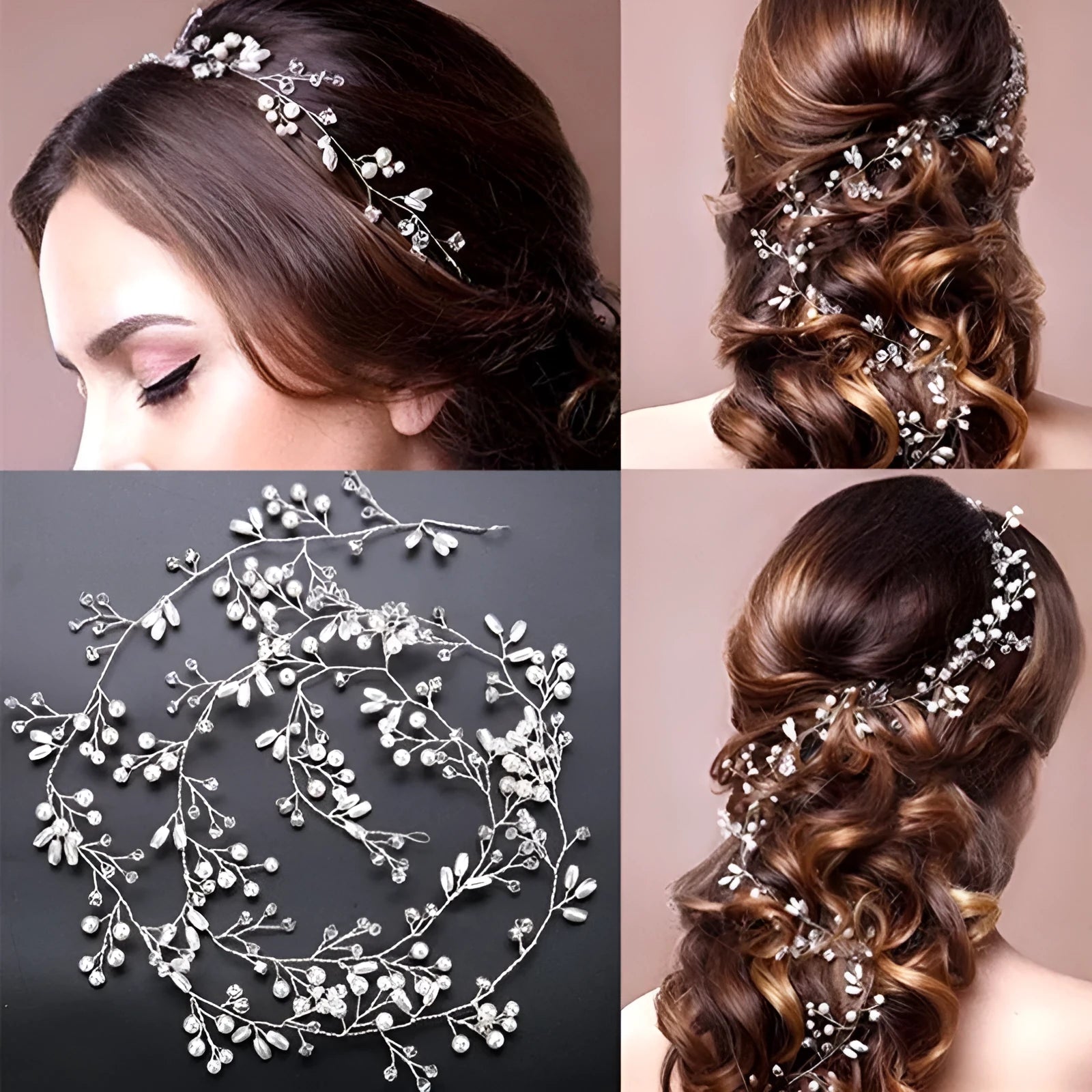 Bridal hair band with crystal and pearl details on copper wire in silver, gold or rose gold