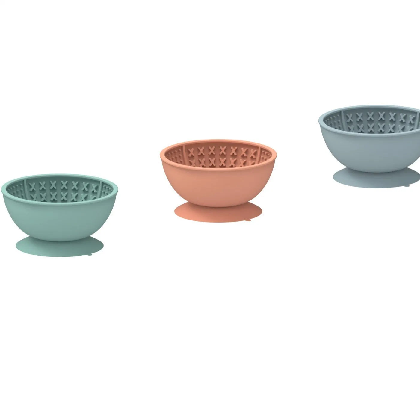 Cyan silicone slow feeding bowl for dogs with textured surface and suction cup base.